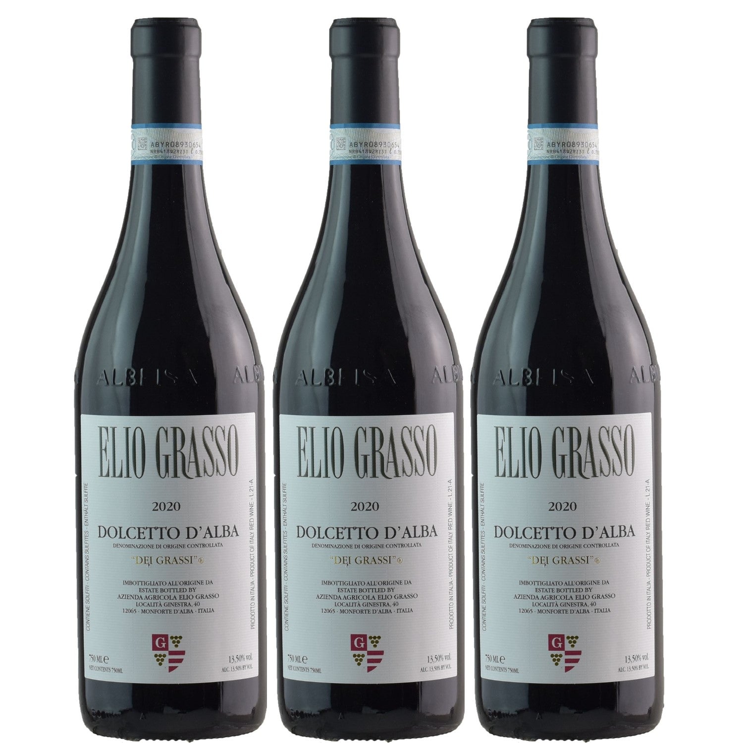 (3 DOC Grasso Grassi dei wine Versanel d\'Alba dry Dolcetto x red 0.7 – Italy Elio