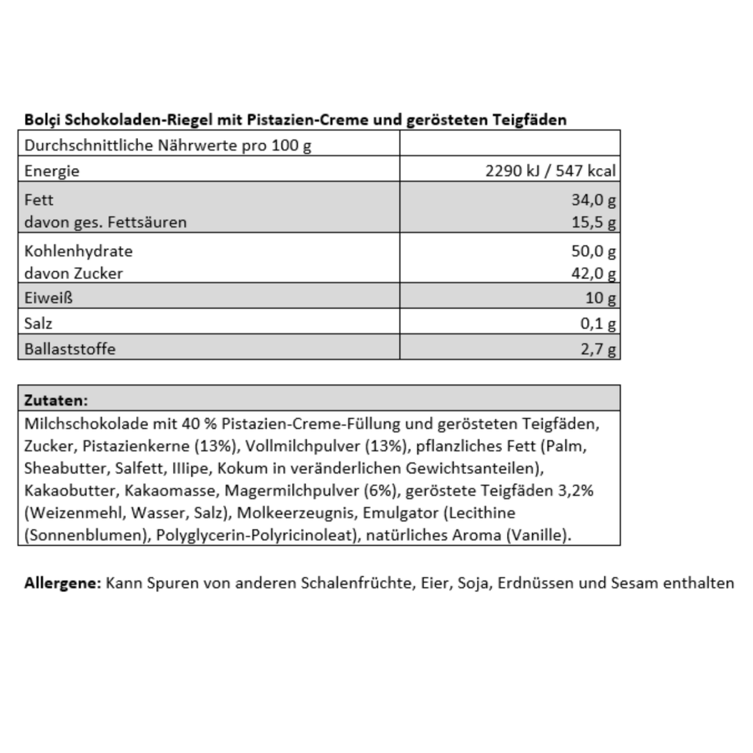 Bolçi Schokoladen - Riegel mit Pistazien - Creme und gerösteten Teigfäden Dubai - Style (6 x 30g) - Versanel - Lebensmittel