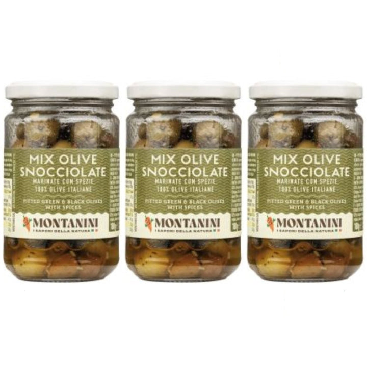 Montanini italienische marinierte Olivenmischung ohne Kern Oliven Italien (3 x 180g) - Versanel - 