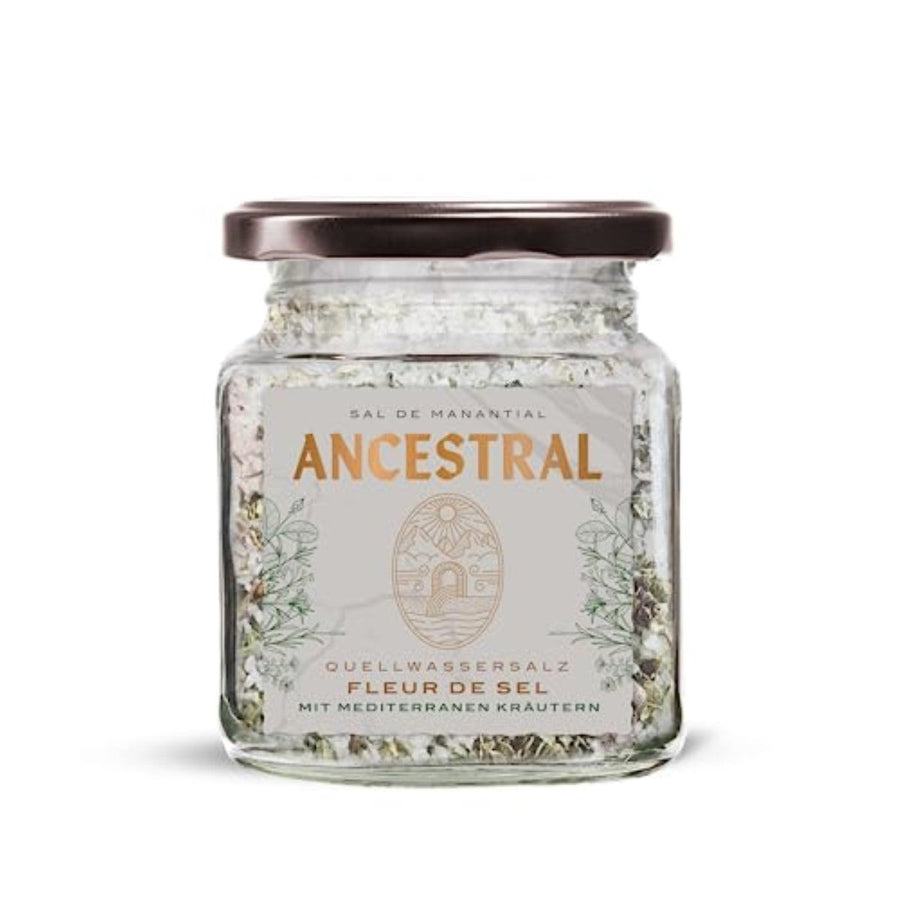 Ancestral Fleur de Sel Mediterranea im Glas | Quellwassersalz mit mediterranen Kräutern 200g | natürliches Fleur de Sel aus 220 Millionen Jahre altem Gesteinsquellwasser in Navarra - Versanel -