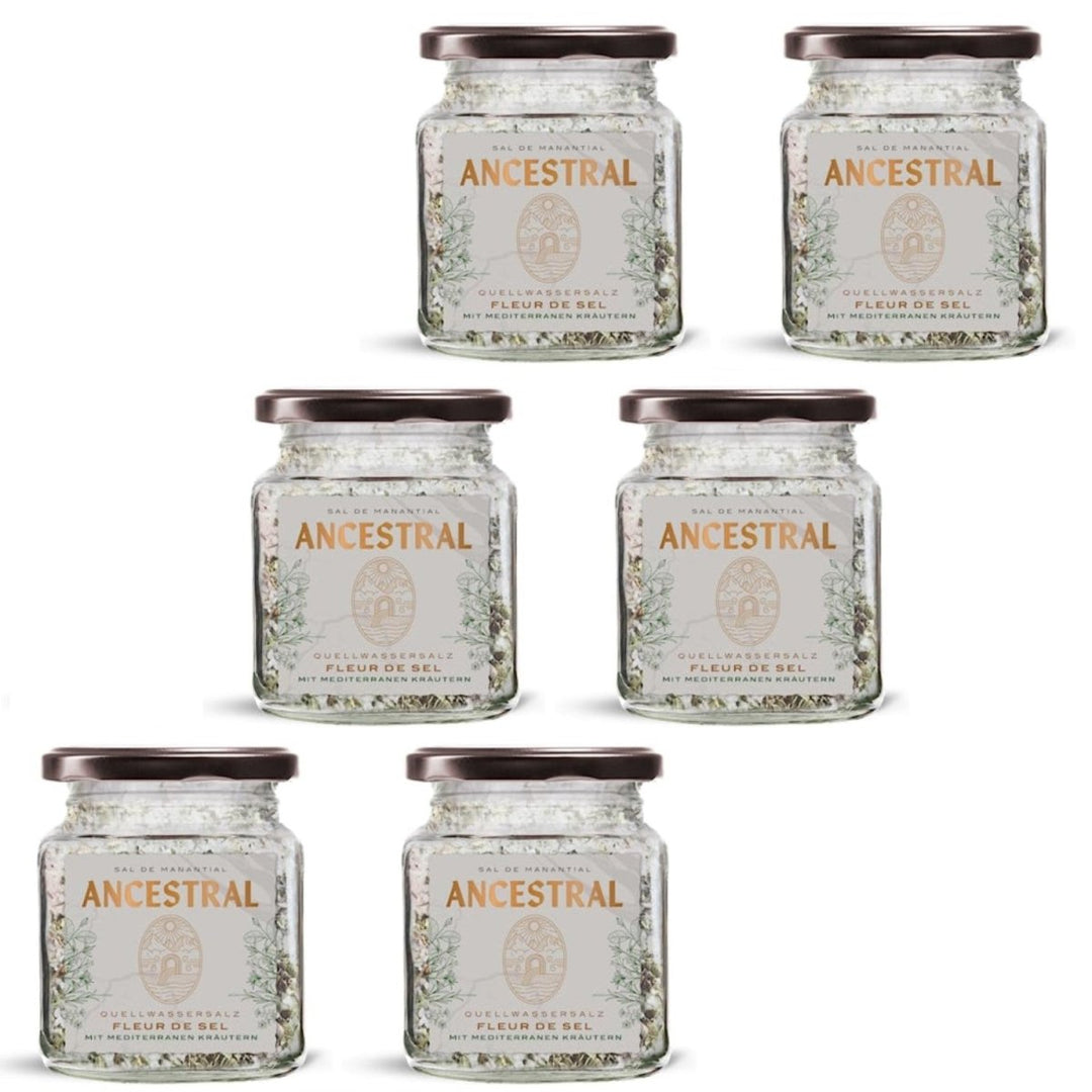 Ancestral Fleur de Sel Mediterranea im Glas | Quellwassersalz mit mediterranen Kräutern 200g | natürliches Fleur de Sel aus 220 Millionen Jahre altem Gesteinsquellwasser in Navarra (6 x 200 g) - Versanel -