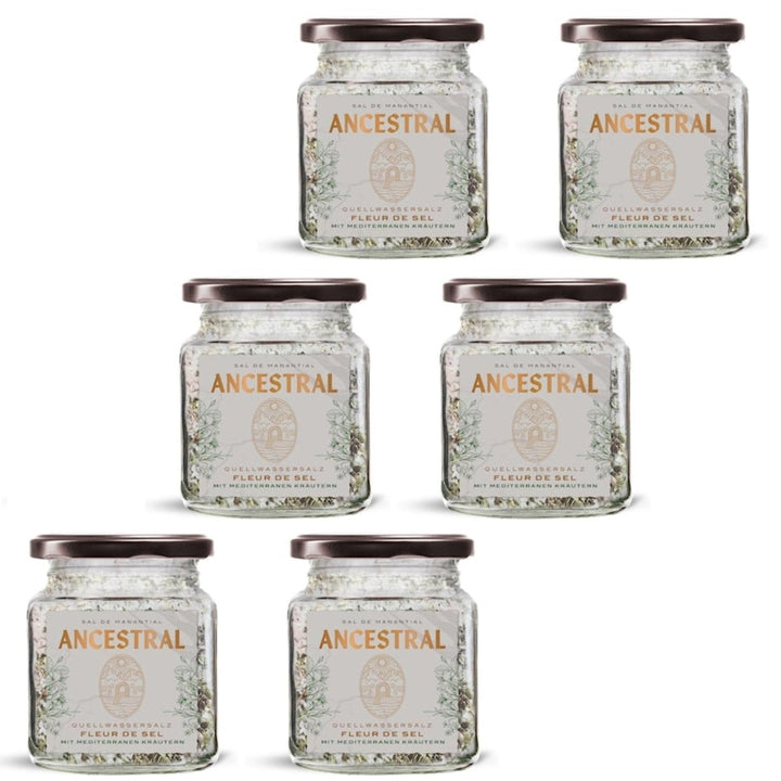 Ancestral Fleur de Sel Mediterranea im Glas | Quellwassersalz mit mediterranen Kräutern 200g | natürliches Fleur de Sel aus 220 Millionen Jahre altem Gesteinsquellwasser in Navarra (6 x 200 g) - Versanel -