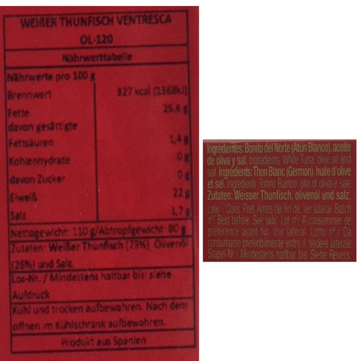 Conservas Ortiz Ventresca Bonito del Norte Bauchfleisch vom Weißen Thunfisch (6 x 110 g) - Versanel -