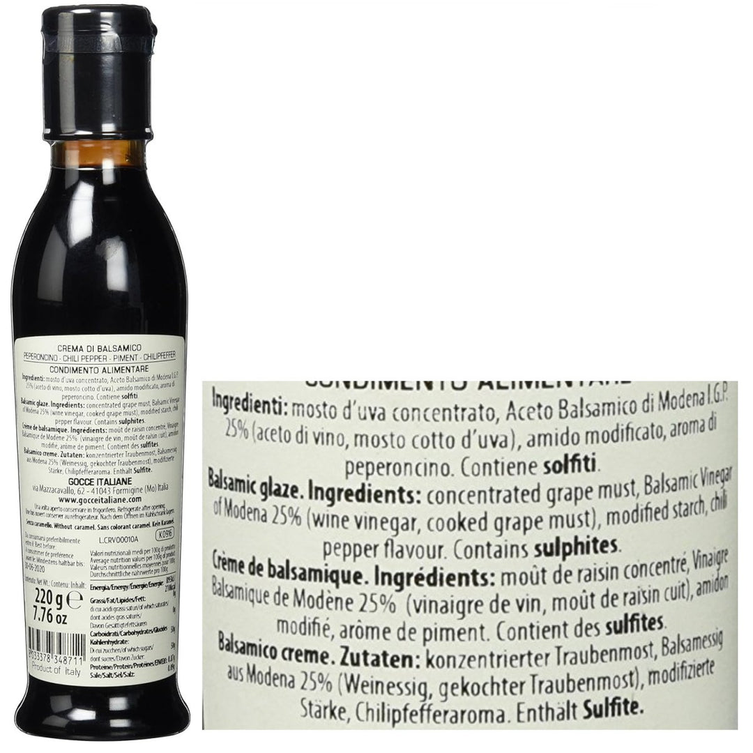 Gocce Crema di Balsamico al Peperoncino, dunkle Balsamicocreme mit Chiliaroma (1 x 220 g) - Versanel -